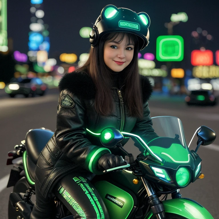 Highest image quality, outstanding details, ultra high resolution, (Realism: 1.4), best illustration, I prefer details, very tight 1 girl, with a gentle and beautiful face, dressed in black and green fur, in a mechanical helmet, holding a direction controller, riding a motorcycle, background - high-tech light scene of the city of the future.
