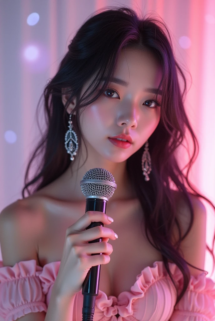 Korean girl, kpop idol, medium sized boobs, black hair with blonde strands, beautiful, has acrylic nails, dreamy makeup, cute outfit, microphone