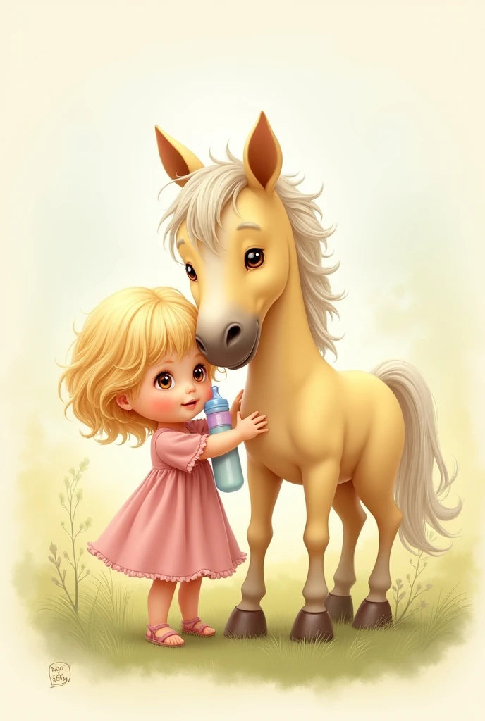 A little baby, blonde, Brown eyes, with pink dress and baby bottle, sitting hugging a light yellow horse, short white mane like watercolor illustration