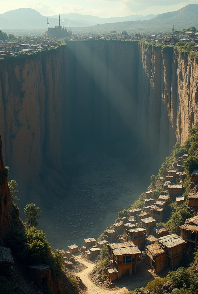 Overlooking the slums built on the walls of a vertical circular hole, one kilometer in diameter, dug deep into the earth