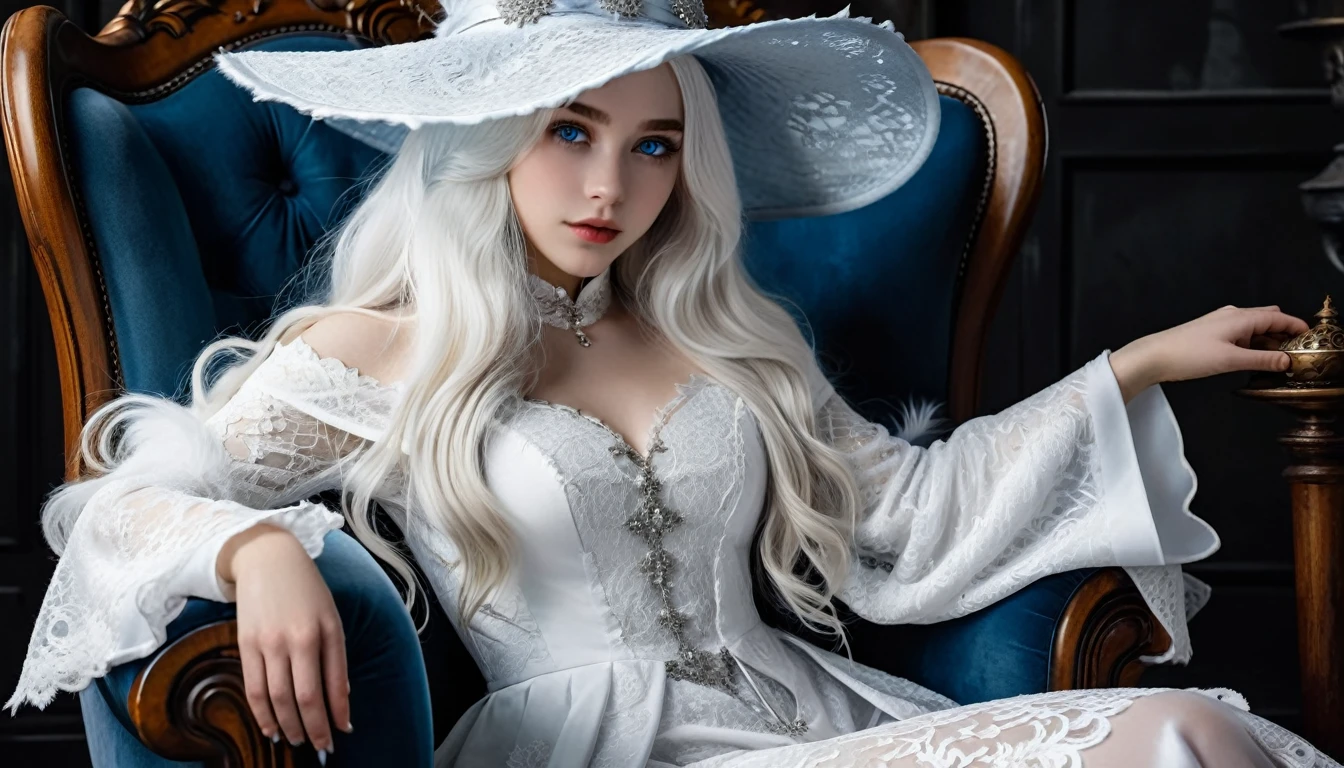 ((masterpiece, Blue skin)), Light blue eyes, Beautiful wizard girl, Long white hair with waves, A very large pointed hat made of white lace, White clothes, Wearing light grey fur, Four hands, Dim Tower, Sitting in a chair