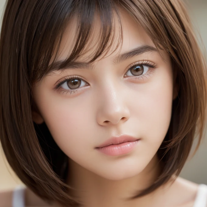 Highest quality, Face Focus, Soft Light, Ultra-high resolution, (Realistic:1.4), RAW Photos, Teenage Girls, alone, cute, (A shy smile:0.5), (Brown eyes, light in your eyes), Beautiful face in every detail, (High resolution detail of human skin texture), (Bob Hair)   　Looking up　
