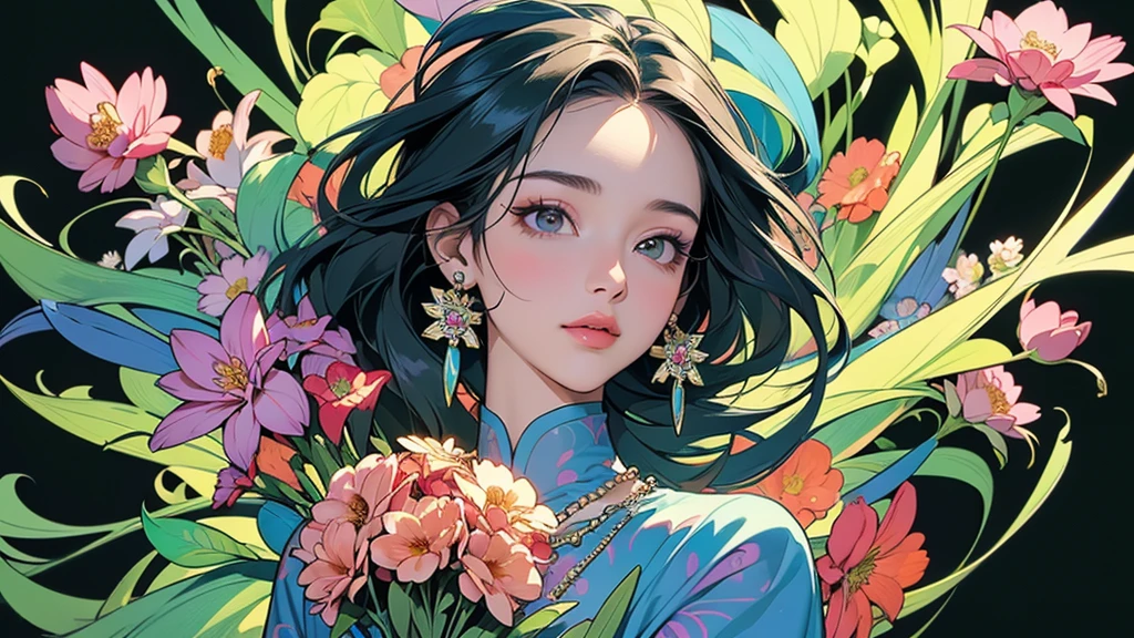32K, 最高quality, 最高masterpiece, (ultra-Detailed Background, Detailed Background), High resolution, Super detailed, Very detailedな, One girl, (bouquet:1.3), (Tangled:1.2), (Geometric:1.2),(colorful),(masterpiece, quality, best quality, Official Art, Beautiful and beautiful:1.2), (1 girl:1.3), Very detailed,(colorful:1.1)(Flowers:1.3),Most detailed,(Tangled:1.2), whole body, (Abstract background:1.3), (Skin glows), (Many colors:1.4), ,(Earrings Jewelry:1.5), Light green background,
