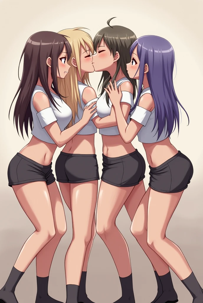 (Superflat, Flat Shading, Flat Color:1.1), (Bedroom), Three Girls, , high school girl, slim, Small breasts, Blonde, White T-shirt, (White panties), White over-the-knee socks, smile, blush, Are standing, Selfie, (end, From behind), View from below, (Low - Angle), Bright sunlight, Best Shadow, watercolor,Butt、nsfw:1.5、naked