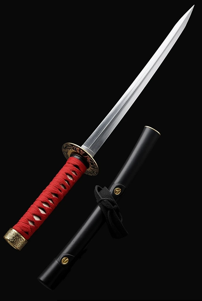 Katana Description:

A long, sharp blade with a black handle wrapped in red cloth. The guard is elaborately engraved with gold. The katana features a dial with 12 functions; at position 11, it has a unique symbol. The blade can shrink to approximately 8 cm when the dial is set to position 0. The katana is held firmly, reflecting its use as a versatile and powerful weapon.