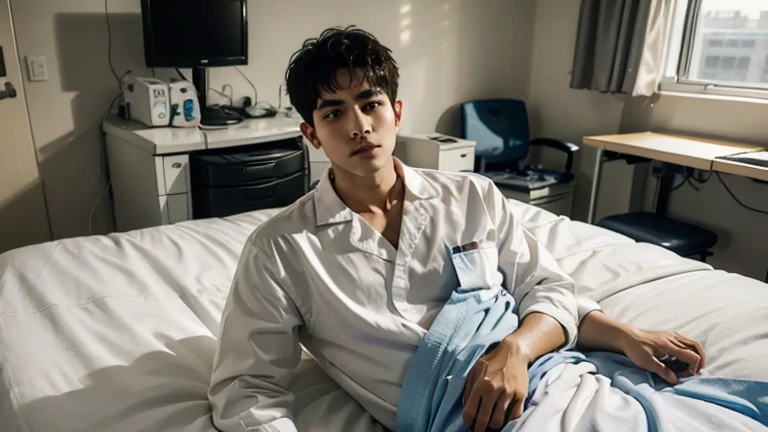 A man in a patient's gown lies on a bed in a hospital room.