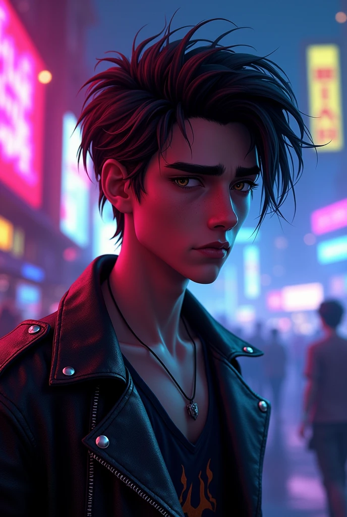 Teenage boy with logan hair smoking cigar with arms crossed wearing anime style leather jacket