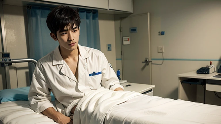 A man in a patient's gown lies on a bed in a hospital room.