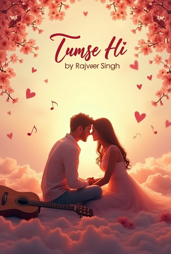 Create a cover photo for a romantic music album titled 'Tumse Hi' by Rajveer Singh. The cover should feature a soft, dreamy background with a warm sunset or golden hour lighting, casting a gentle glow over the scene. In the foreground, there’s a silhouette of a couple holding hands or sitting close together, symbolizing love and togetherness. Surround them with elements like blooming flowers, floating musical notes, and a subtle acoustic guitar resting beside them, reflecting the song’s melody and mood. The album title 'Tumse Hi' should be elegantly written in a cursive or handwritten font, placed at the top or center, with 'by Rajveer Singh' in a smaller, simple font below. The overall color scheme should include soft pastels, warm pinks, oranges, and golden hues to evoke a romantic and serene atmosphere.