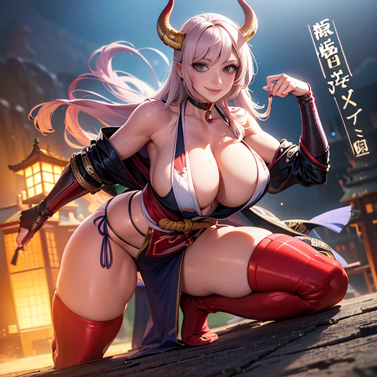 text, Highest quality, masterpiece, 4K, Absurd resolution, Ultra-high resolution, 8k, Actual, Realistic, Bright colors, Bokeh, Vibrant color palette, Great studio lighting, Very detailed, Detailed skin, Detailed Hair, Detailed fabric, BREAK, YamatoV2(one piece), sexy Pose, Perfect body skinny, , Beautiful Lips, Highly detailed face, , sexy, horn(Wrapping , Left and right pair, multicolo Red), large breasts , Cleavage, Slim waist, smile, Torn clothes, Loincloth, Hands in chains, Very detailed, Bright colors, ,The clothes are see-through , full-body, dynamic angle, (background is Japanese Castle)