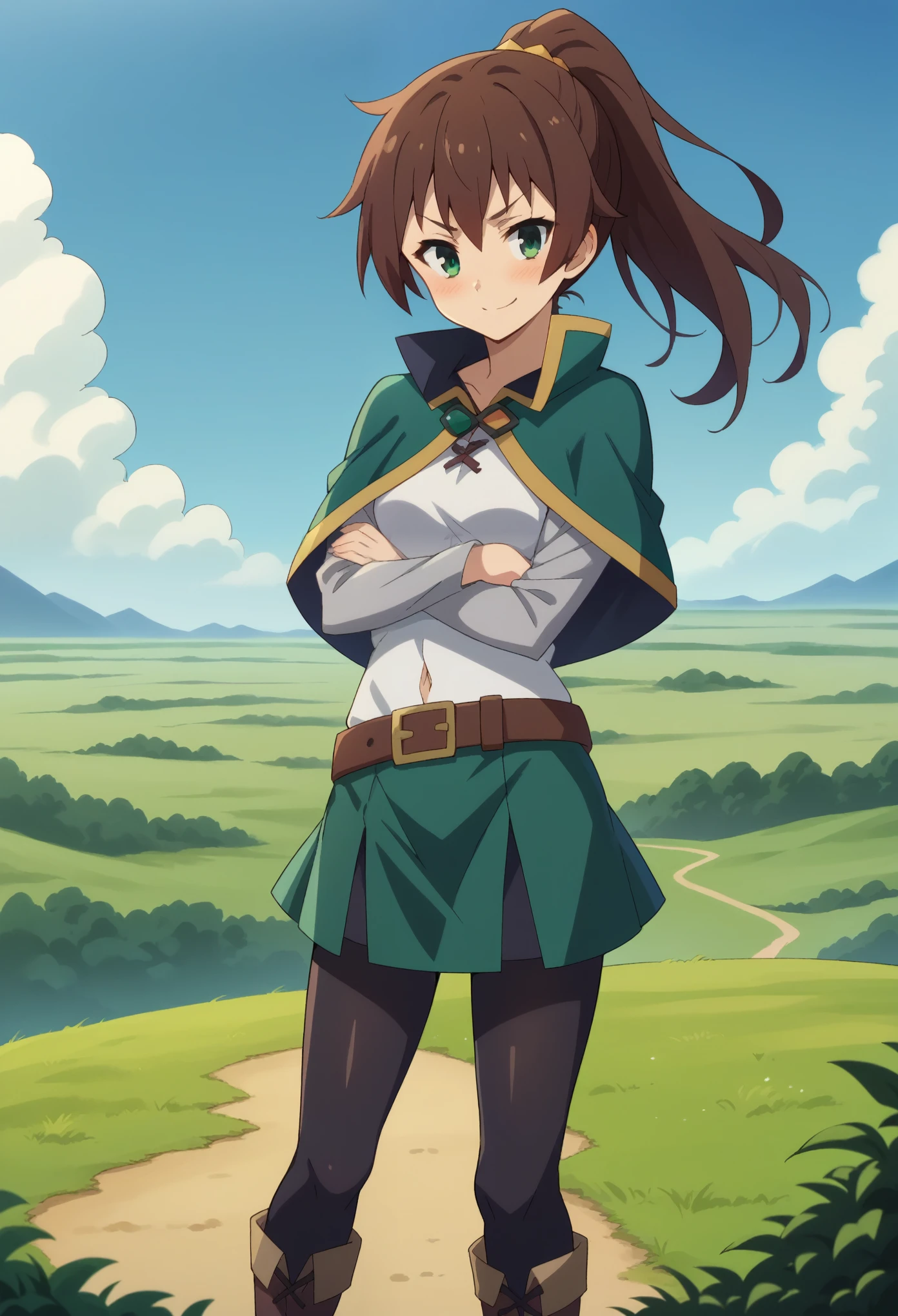 score_9, score_8_up, score_7_up, 1girl, solo, (female:1.5), female focus, female body, kazuma satou, long hair, brown hair, green eyes,shirt, long sleeves, white shirt, belt, green skirt, short skirt, black pantyhoses, navel, capelet, brown belt, long boots, standing,   crossed arms, ponytail, perverted face, smirk, blushing, looking at you, landscape, centered image,
