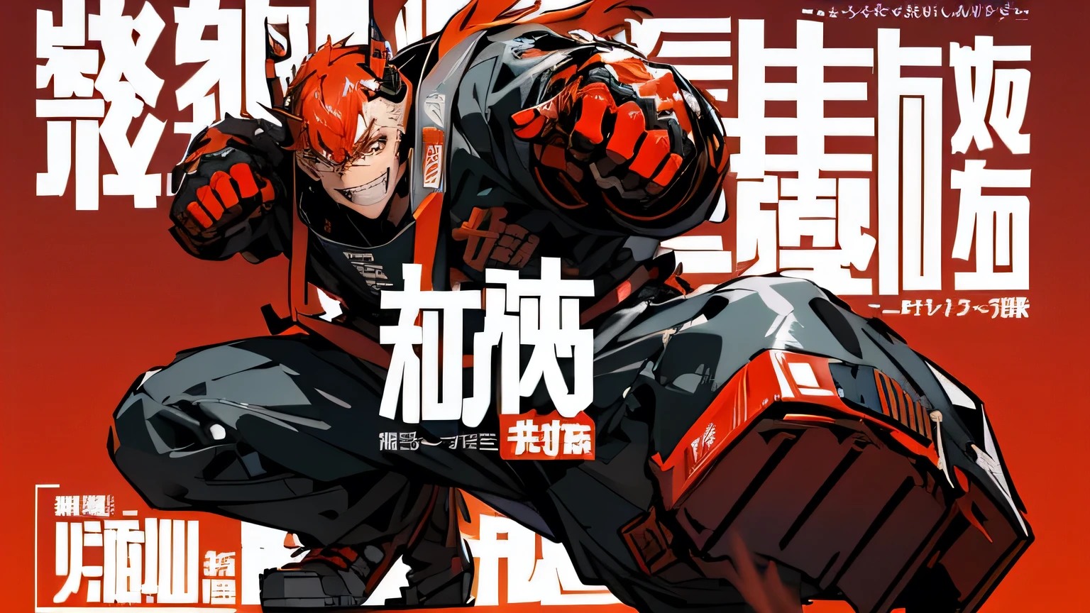 A red demon-themed character, whole body, サイバーパンク, Wearing big sneakers, Combat Ready, Big machine hands, Simple Background, Magazine Cover, Jump up, Punching pose, male, boy, ショートカット, crazy eyes, tsurime, monkey ears, clenched teeth, grin, skin fang, raised fist, projected inset, UHD, best quality, highres, 8k