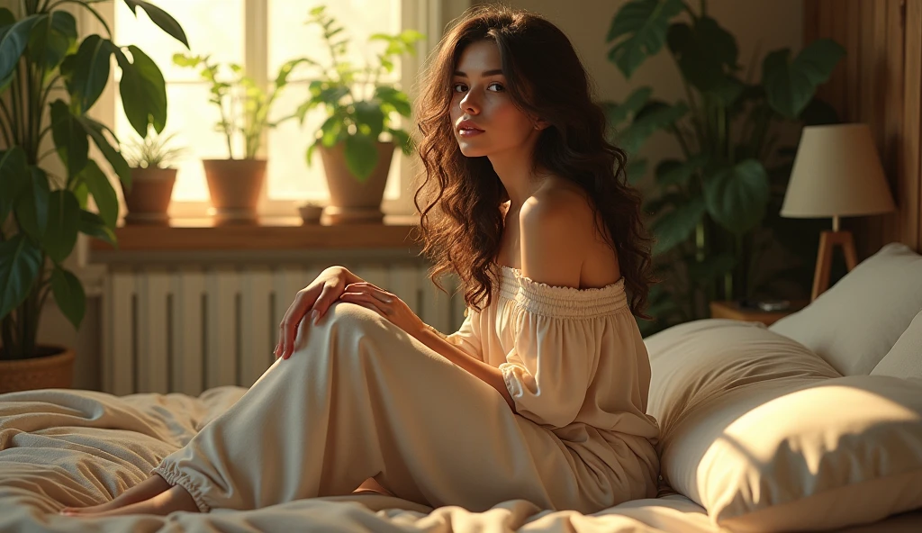 (photorealism:1.2), beautiful woman, sitting on bed, wearing loose off-shoulder top, pajama pants, long curly hair, indoors, soft lighting, plants in background, window with sunlight, cozy room, relaxed pose, realistic, intricate details, warm colors, by Greg Rutkowski, by Alphonse Mucha