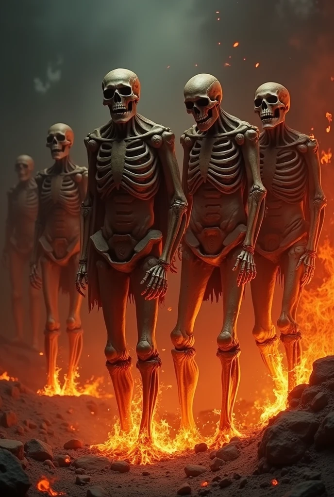 (masterpiece, best quality) , two steps from hell, darkened, group of skeletons, skulls, melting of fire, screaming, hell, fire, melt, flesh, bones,