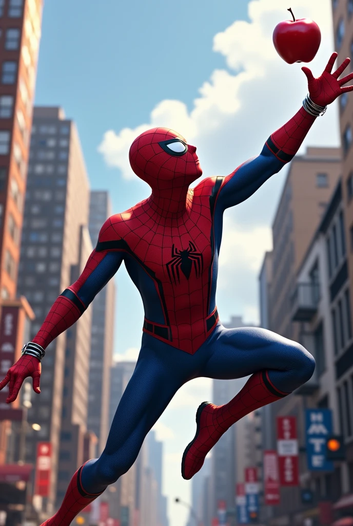 Spiderman using web to catch an apple