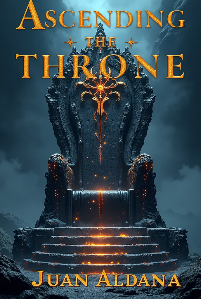 A book cover.

The title will be: Ascending the Throne. It will be centered at the top and written in gold..

In the center of the cover you will see a throne made of volcanic rock and precious stones embedded around it..

Below in the center will be the name of the author which is: Juan Aldana. Also written in gold letters The title will appear translated into Spanish.