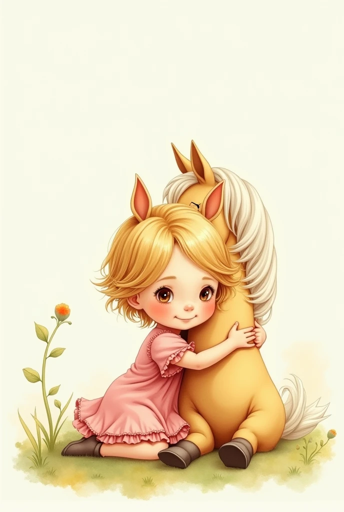 A little baby, blonde, Brown eyes, with a pink dress and a nipple, sitting hugging a light yellow horse, short white mane like watercolor illustration