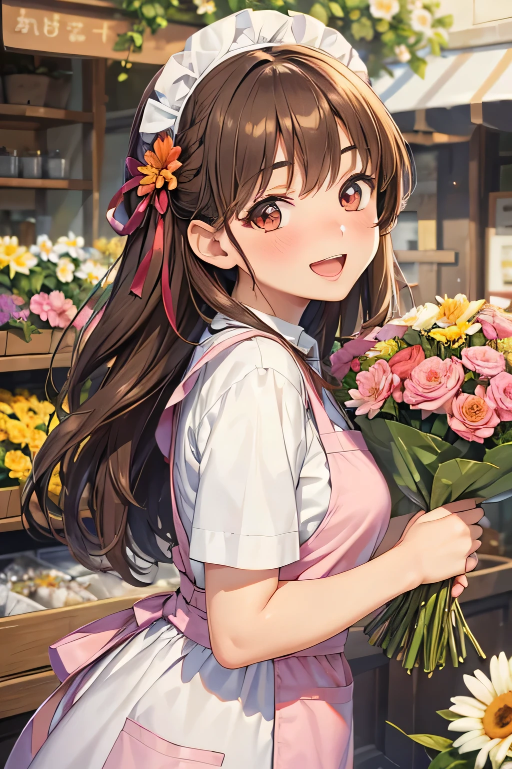 master piece,best quality,ultra-detailed,1girl,yo,brown hair,medium hair,medium breasts,(happy smile),(head tilt),upper body,apron,flower shop,holding flower,from side,(narrow eyes),nose blush,open mouth