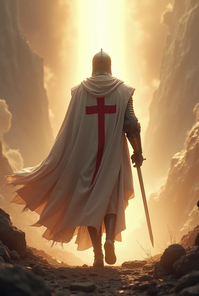 Knight Templar on a march with a Holy Light coming from above