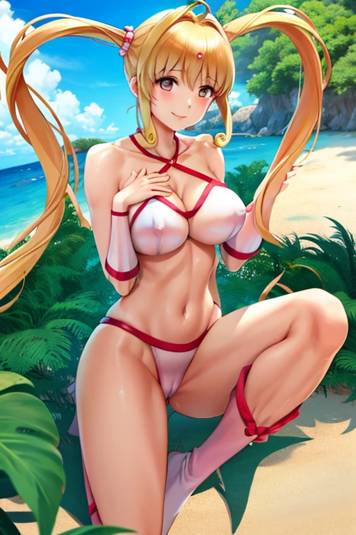 masterpiece, best quality, beautiful art, high resolution, well formed hands, body and fingers, 1 woman, solo, Nanami Lucia, , twin tails, blonde, 31 years old, full body picture, grown up, adult, large and rounded breasted, cleavage, hair ornament, wearing a Tyris Flare outfit , white_bikini, full body, sexy and skimpy bikini, gorgeous hips, legs and thighs bouncing breasts, red boots,she is doing exercise in the beach, seductive face, warming up, working out, sexy and captivating training, smiling joyfully and happily , looking at the viewer, , sweating , bouncing breasts, training montage session, beach environment