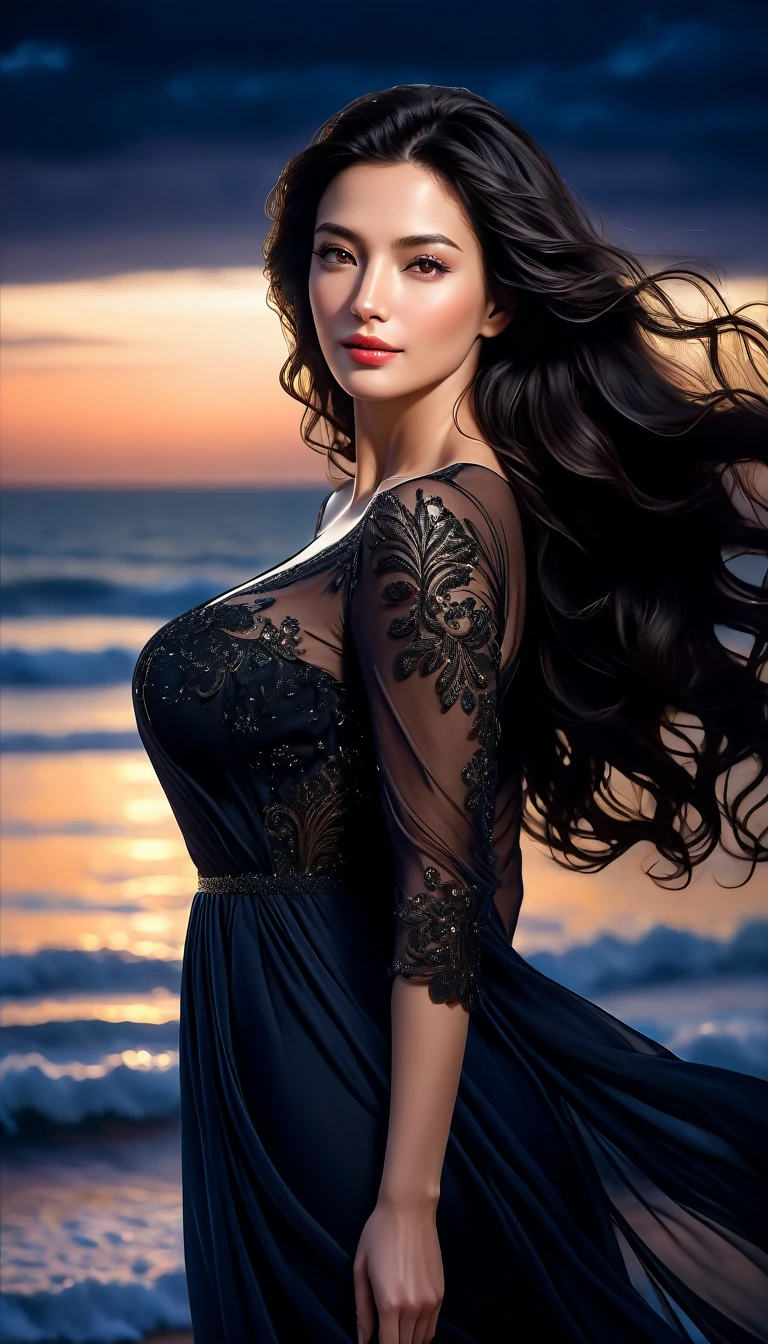 4K resolution,8K resolution,beautiful,Highest quality,Absolutely wonderful,Very detailed,Ultra-high resolution,masterpiece,Realistic,Realistic,Increased depth of field,Cinematic Light,
One elegant mature woman,
Wavy black long hair,Beautiful face with exquisite details,Moist eyes,Sensual look,Glossy skin make-up,Transparent white skin,Very sensitive skin,Great proportions,Glamorous Body,Anatomically correct body,
Elegant resort dresses,Summery design,Beautifully detailed decoration,Detailed cloth texture,
Romantic seaside scenery,Dark night sky,Coastline stretching to the horizon,Deserted beach,Dark sea surface,
Cinematic Angle,