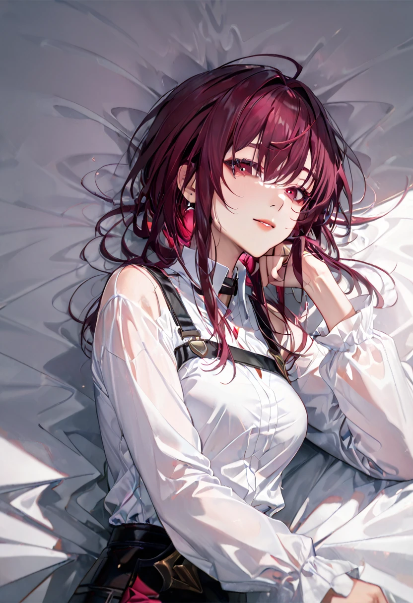 Female Kafka (Dark red hair , Low Ponytail) bangs , Round sunglasses on the head , White shirt , Lying in bed (On the stomach)  ,Lying in bed大きな胸, Wet clothes , Control 