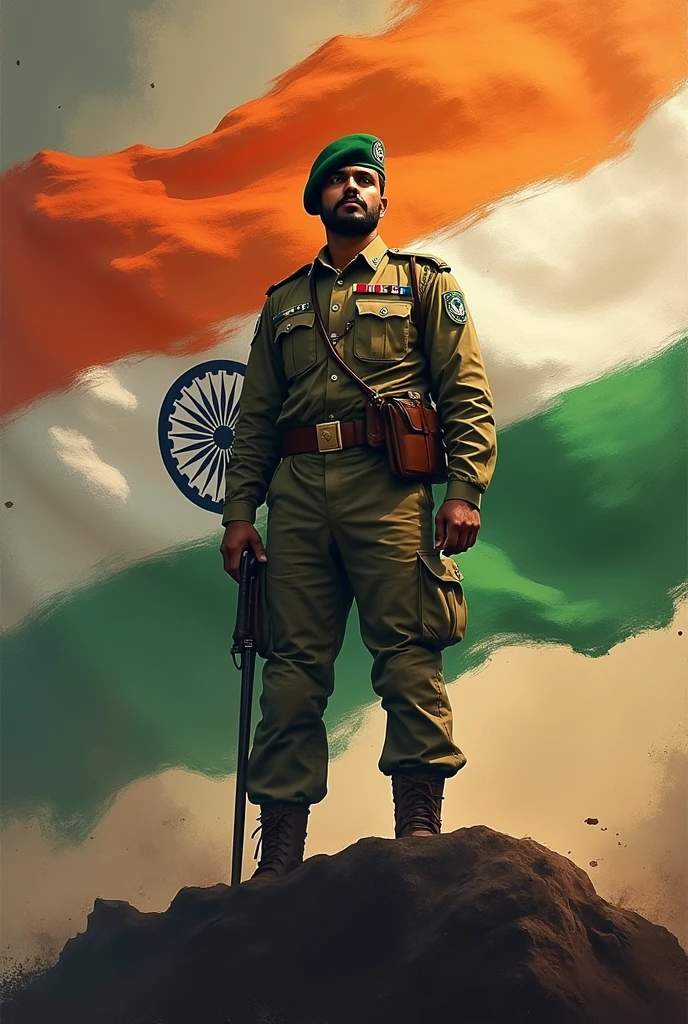 Generate a deep philosophical poster for India on its independence day theme showing nationalism, soldier's strength and more