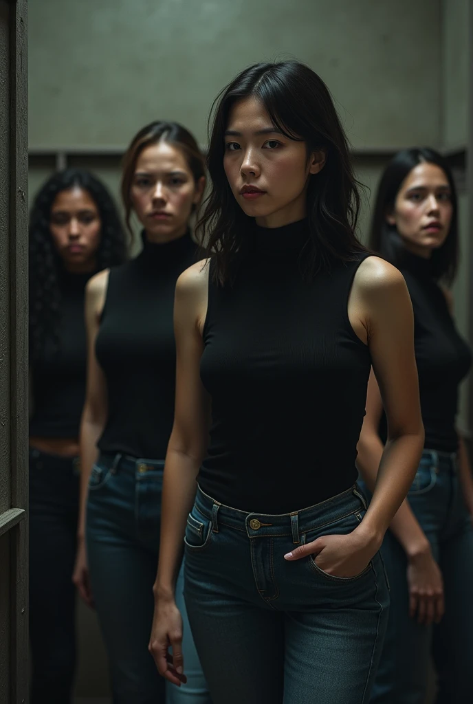 Women in prison wearing black turtleneck sleeveless polo shirts and jeans please.