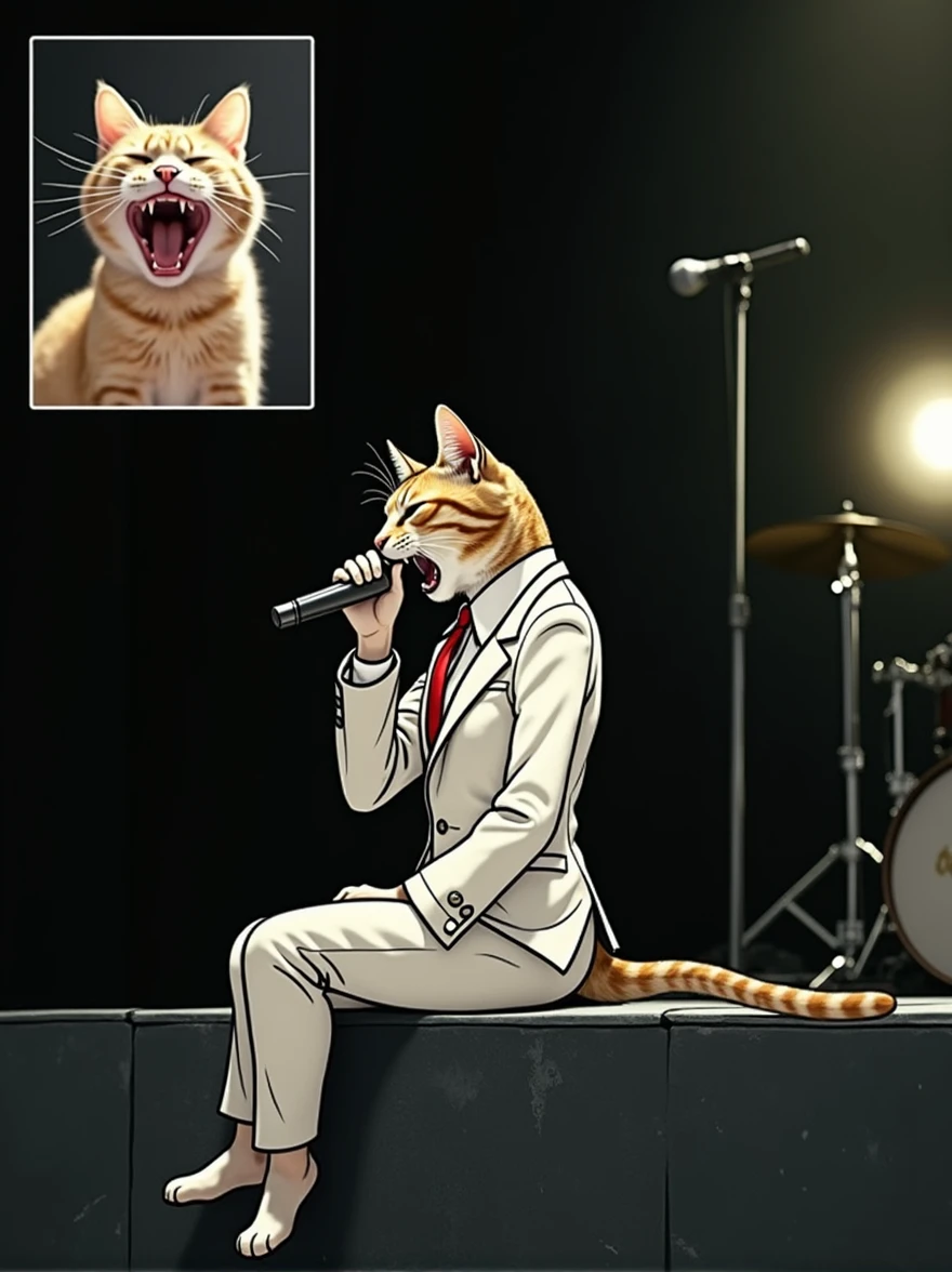 A cat wearing a one-sleeve suit is sitting at the edge of the stage and singing with a microphone.。In the small window at the top left of the screen, a close-up of a cat&#39;s face with its mouth wide open and yawning.。