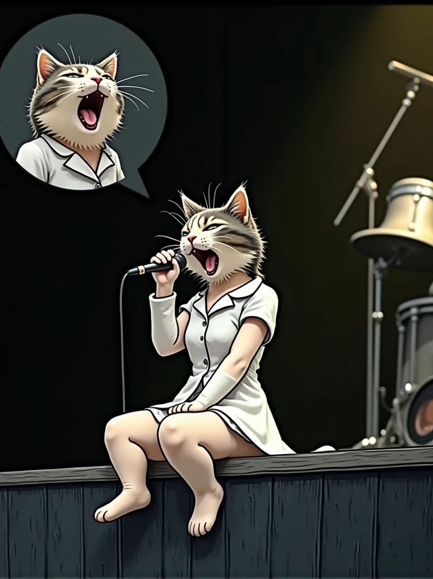 A cat wearing a one-sleeve suit is sitting at the edge of the stage and singing with a microphone.。In the small window at the top left of the screen, a close-up of a cat's face with its mouth wide open and yawning.。