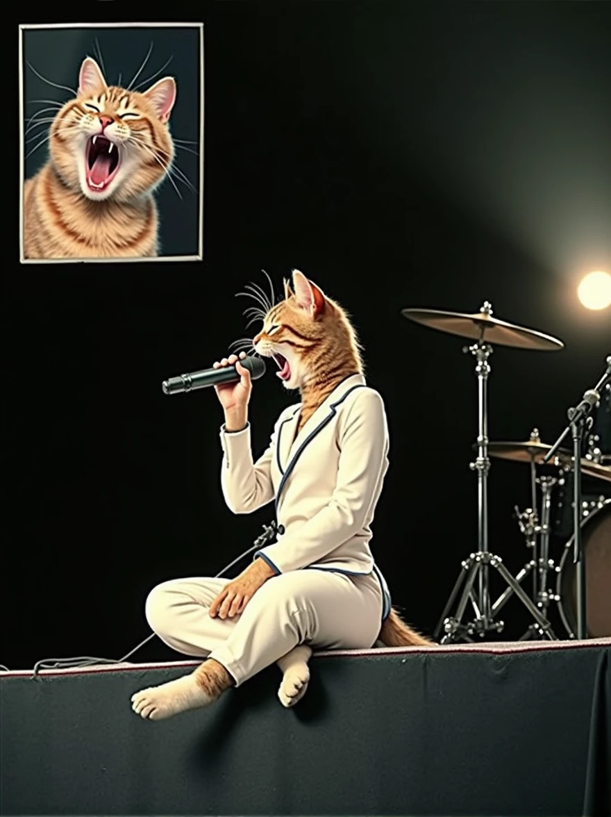 A cat wearing a one-sleeve suit is sitting at the edge of the stage and singing with a microphone.。In the small window at the top left of the screen, a close-up of a cat&#39;s face with its mouth wide open and yawning.。