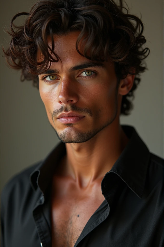 naughty man, brown skin, clear green eyes, brown curly hair, mole on chin and slim defined body, 195cm tall and 80kg in weight