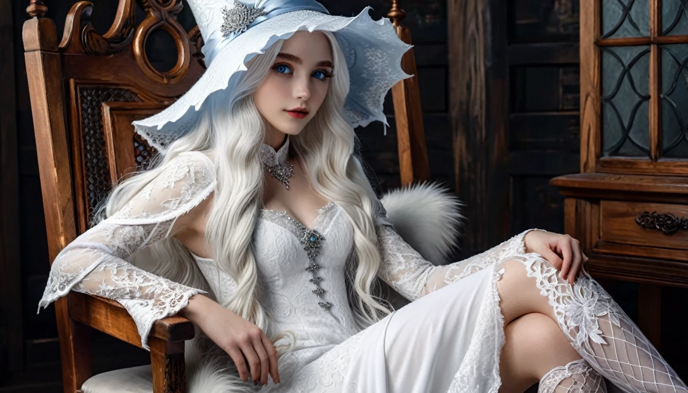 ((masterpiece, Blue skin)), Light blue eyes, Beautiful wizard girl, Elf Girl, Long white hair with waves, A very large pointed hat made of white lace, White clothes, Wearing light grey fur, Four hands, Dim Tower, sitting on a wooden chair
