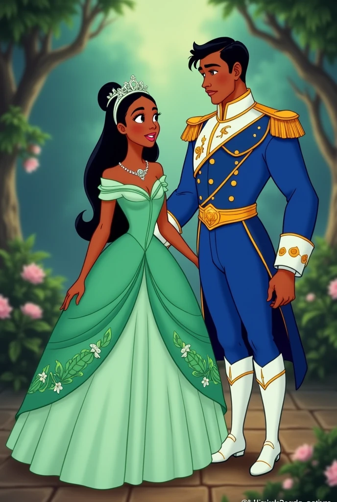 A 2d animated picture of In Disney's "The Princess and the Frog," Tiana is seen in her iconic ballgown, a stunning green dress inspired by lily pads and blooming flowers. The gown is adorned with intricate leaf patterns and delicate beading, complementing her transformation into a princess. Her tiara features a floral design, and her hair is styled elegantly.
Prince Naveen, on the other hand, is dressed in a regal royal blue outfit. His attire includes a fitted blue tunic with gold trim and a white sash, paired with matching trousers and knee-high boots. The outfit is completed with a golden belt and a crown, underscoring his royal status and charm. Together, they embody classic Disney elegance and romance.