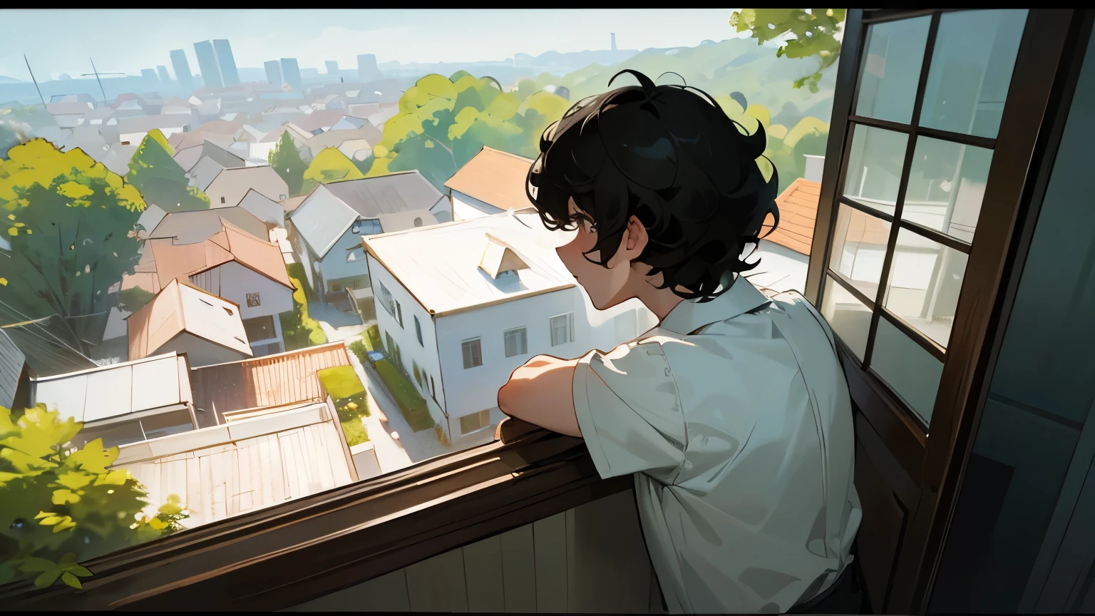Highest image quality, masterpiece, extremely detailed, a handsome man, black hair, short hair, curly hair, white short-sleeved shirt, looking out of the window of his house and crying, angle from outside the house, bird's eye view, sunny, Clear skies
