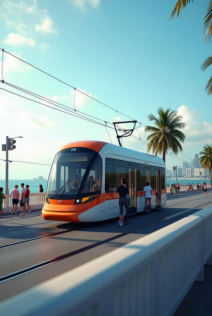 Panama Amador Causeway with a modern tram at a stop