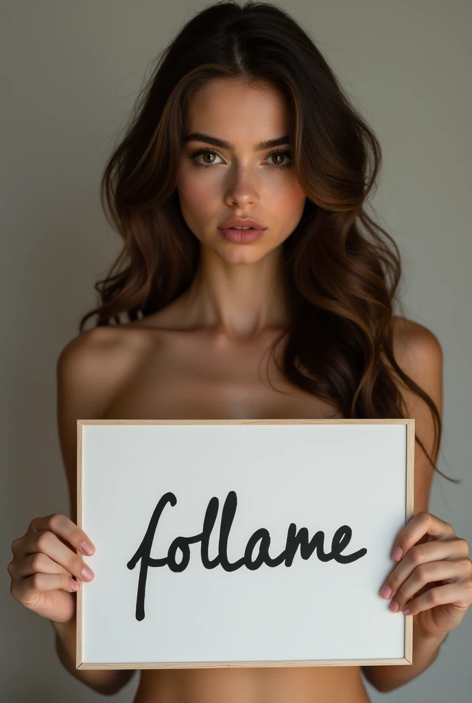 Beautiful girl with wavy long holding a white board "follame" and showing it to the viewer naked