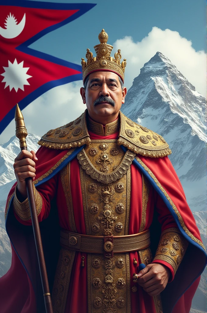 Create full hd image of nepal late king prithivinarayan sah with national flag and mount everest