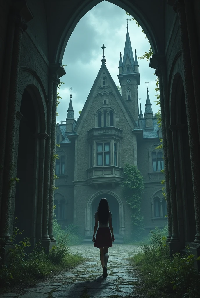 Make a woman, dark hair, enter a sanatorium, ancient architecture ,horror and dark, hospital