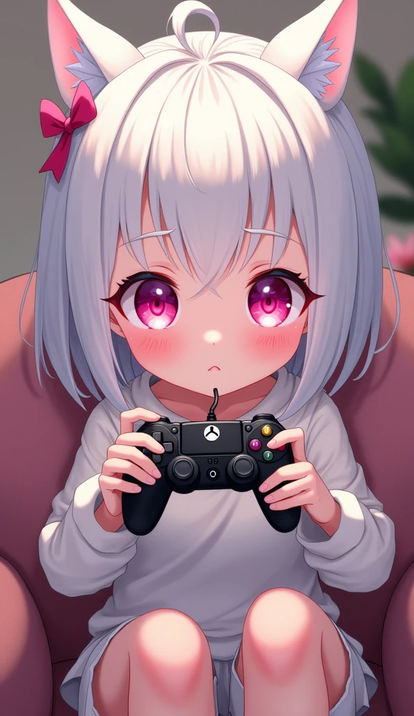 White Hair，Pink pupils，short hair，Small size，Wearing home clothes, sitting on the sofa and concentrating on playing games。