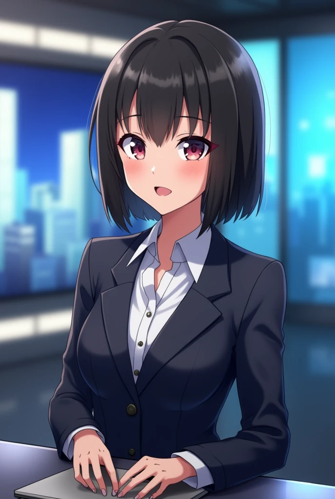 Anime young female news announcer. Announcer is a student. Appearance are beautiful straight black short hair.