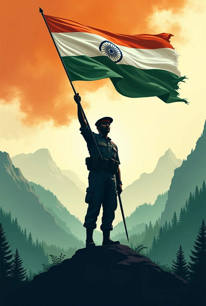 Generate a deep philosophical poster for India on its independence day theme showing nationalism, soldier's strength and more, waving the Indian flag