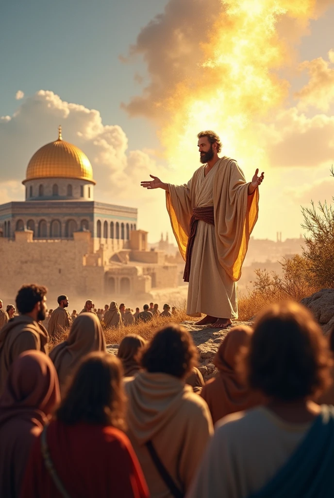 ""An outdoor scene in ancient Jerusalem. A middle-aged man with a beard and a simple robe (Pedro) is standing on a small hill, Addressing a diverse crowd. His arms are outstretched in a passionate gesture as he speaks.. the crowd, composed of people of different nationalities and clothing, listen carefully. Some have expressions of astonishment, others of curiosity.
In the background, you can see the temple of Jerusalem. The sky is clear and bright, suggesting that it is mid-morning. There is a subtle golden glow around Peter, symbolizing the presence of the Holy Spirit. Small tongues of fire float over the heads of Peter and some of the other apostles who are near him..
The scene captures the pivotal moment when Peter explains the events of the day of Pentecost and proclaims Jesus as the promised Messiah..""