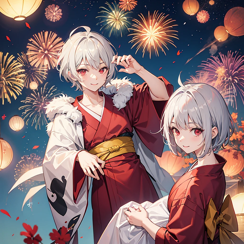 One Man, Gray Hair, Red eyes, smile, Anime Style, Short Hair, yukata, firework