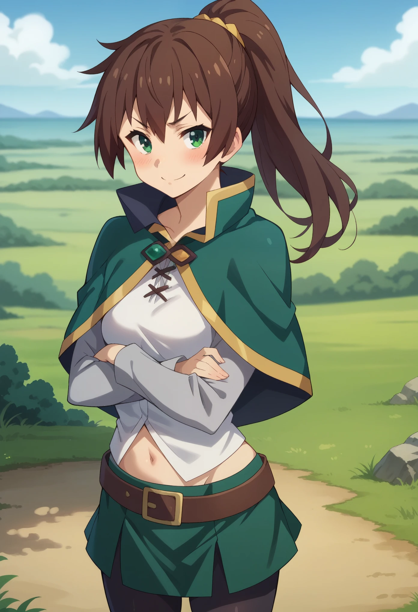 score_9, score_8_up, score_7_up, 1girl, solo, (female:1.5), female focus, female body, kazuma satou, long hair, brown hair, green eyes,shirt, long sleeves, white shirt, belt, green skirt, short skirt, black pantyhoses, navel, capelet, brown belt, long boots, standing,   crossed arms, ponytail, perverted face, smirk, blushing, looking at you, landscape, centered image,
