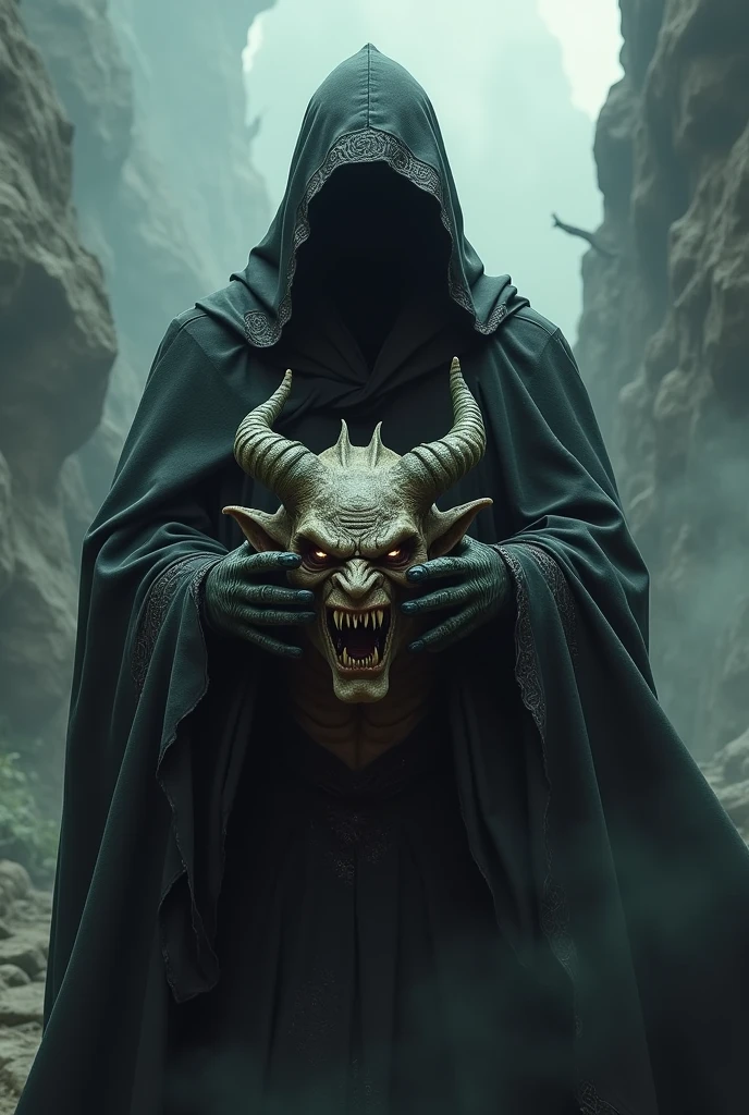 A wizard in a black cloak and hood with a demon in his hands