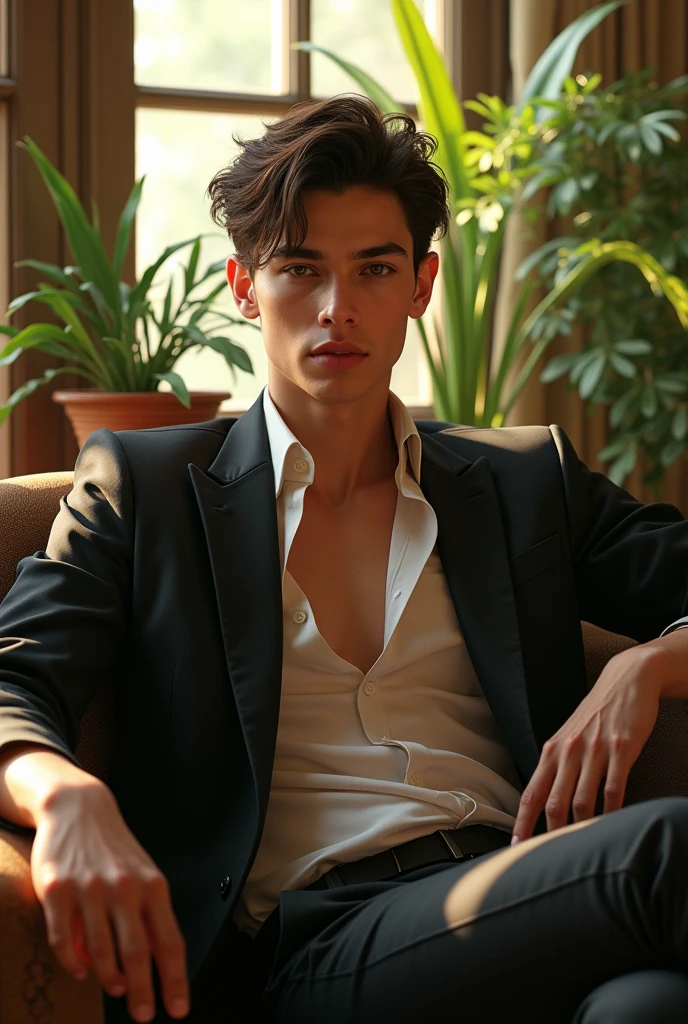 (photorealism:1.2), beautiful man,  anmi sitting on chair age 17 indoors, ???? clotheslighting, plants in background, window with sunlight, cozy room, relaxed pose, realistic, intricate details, warm colors, by Greg Rutkowski, by Alphonse Mucha