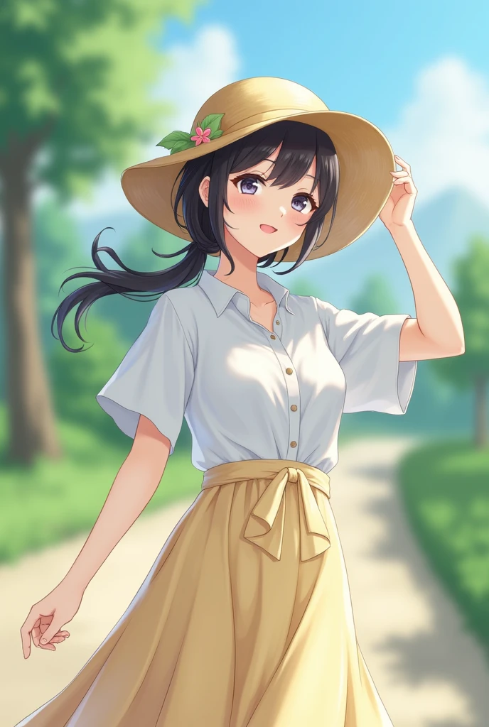 Make my skin a little whiter、Straw hat、White Shirt、In a long skirt