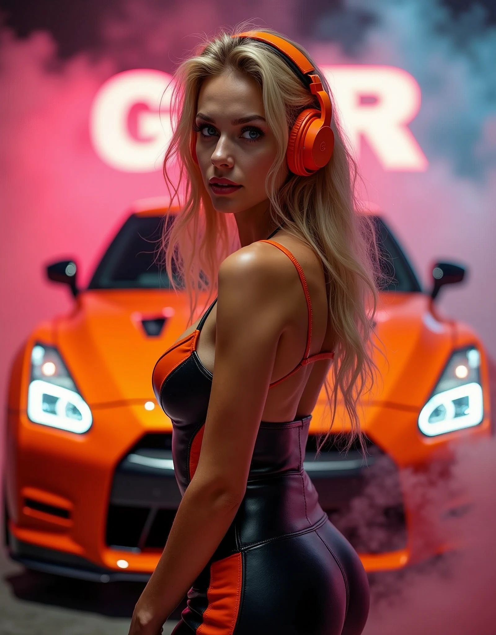 Full body wide view In the foreground is a beautiful 25 year old woman with a bright smile on her face, She has detailed blue and green eyes, an hourglass body skin is flawless she glows her big  wearing a  orange and black tight fitting leather outfit that shows her cleavage and highlights her fit body she has golden blond long full body hair, wearing large stylish Orange headphones red text in a 3D font that spells out "GTR". She looks confident and immersed in the music. There is a 2024 orange GTR Nismo in the background, shrouded in colorful smoke, creating a vibrant and dynamic atmosphere Main object: Beautiful young woman in sunglasses with blond full long hair. the background colorful neon lit smoke, surrounding the car. Style and mood: Modern and dynamic style. Neon and rich colors for smoke. An atmosphere of energy and movement. Technical specifications: a high resolution. Realistic or semi-realistic stylization. Well-detailed details of headphones and car. Dramatic lighting to create striking contrasts and highlight key elements