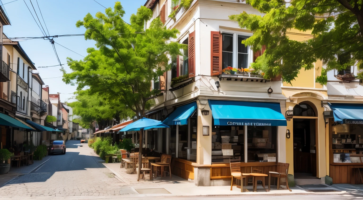 Draw a quaint cafe on a cobblestone street.。There is a sign that says "Coffee" next to the store.。There are green trees and grass all around.、There are also private houses。